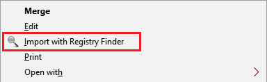 Windows Explorer's context menu with the Import with Registry Finder command